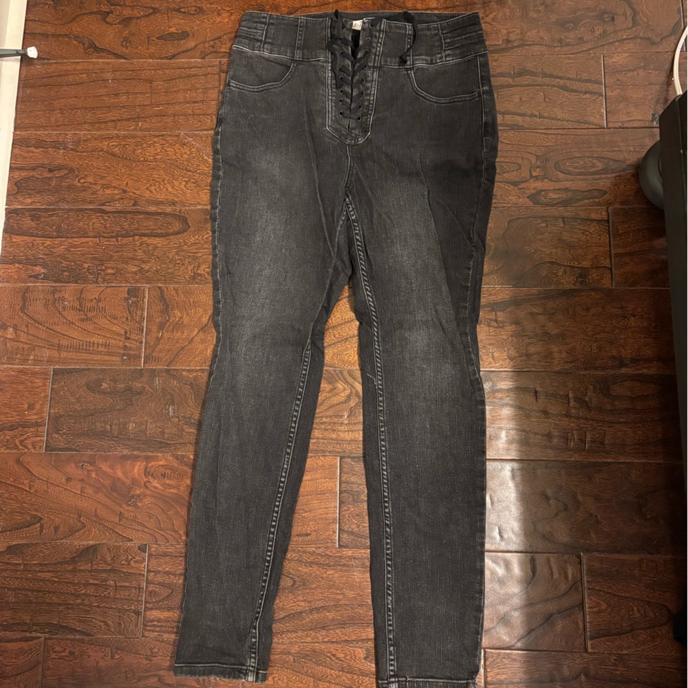 We The Free Charcoal Skinny Jeans with Lace Up Front